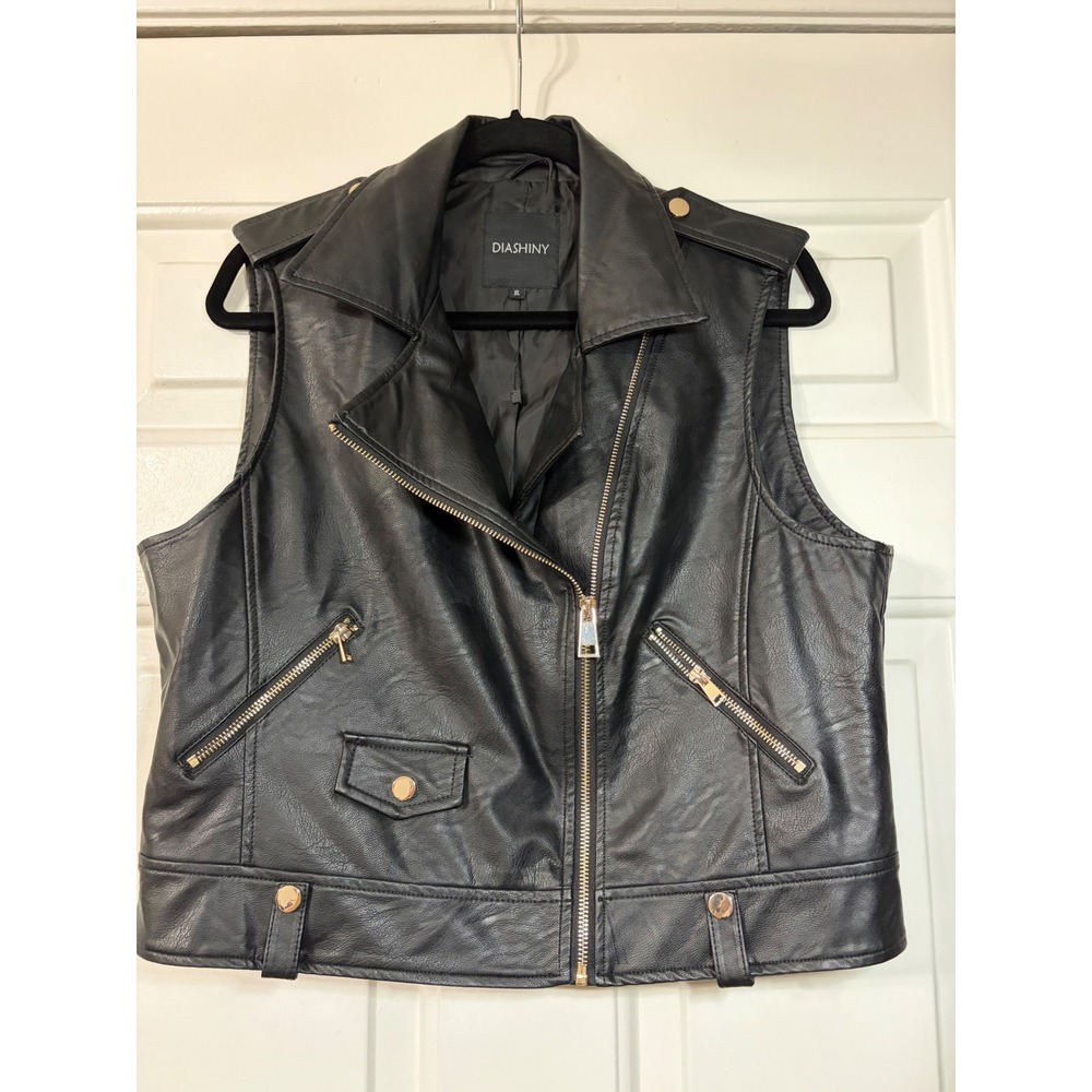 DIASHINY | Faux Leather Moto Biker Vest | XL || Black|